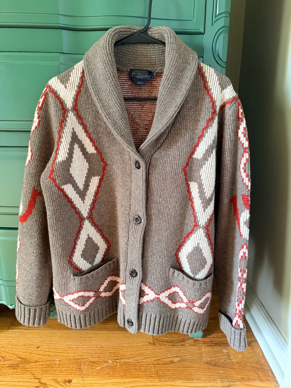 Pendleton Women's Brown Shawl Collar Cardigan with Red and Cream Accents